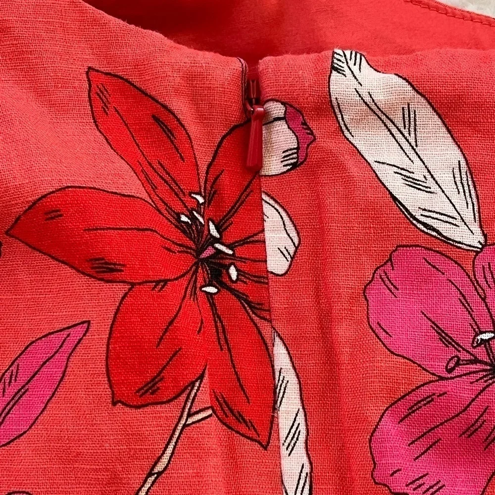 Banana Republic Cropped Linen Cotton Wide Leg Cropped Jumpsuit Red Floral Size 2